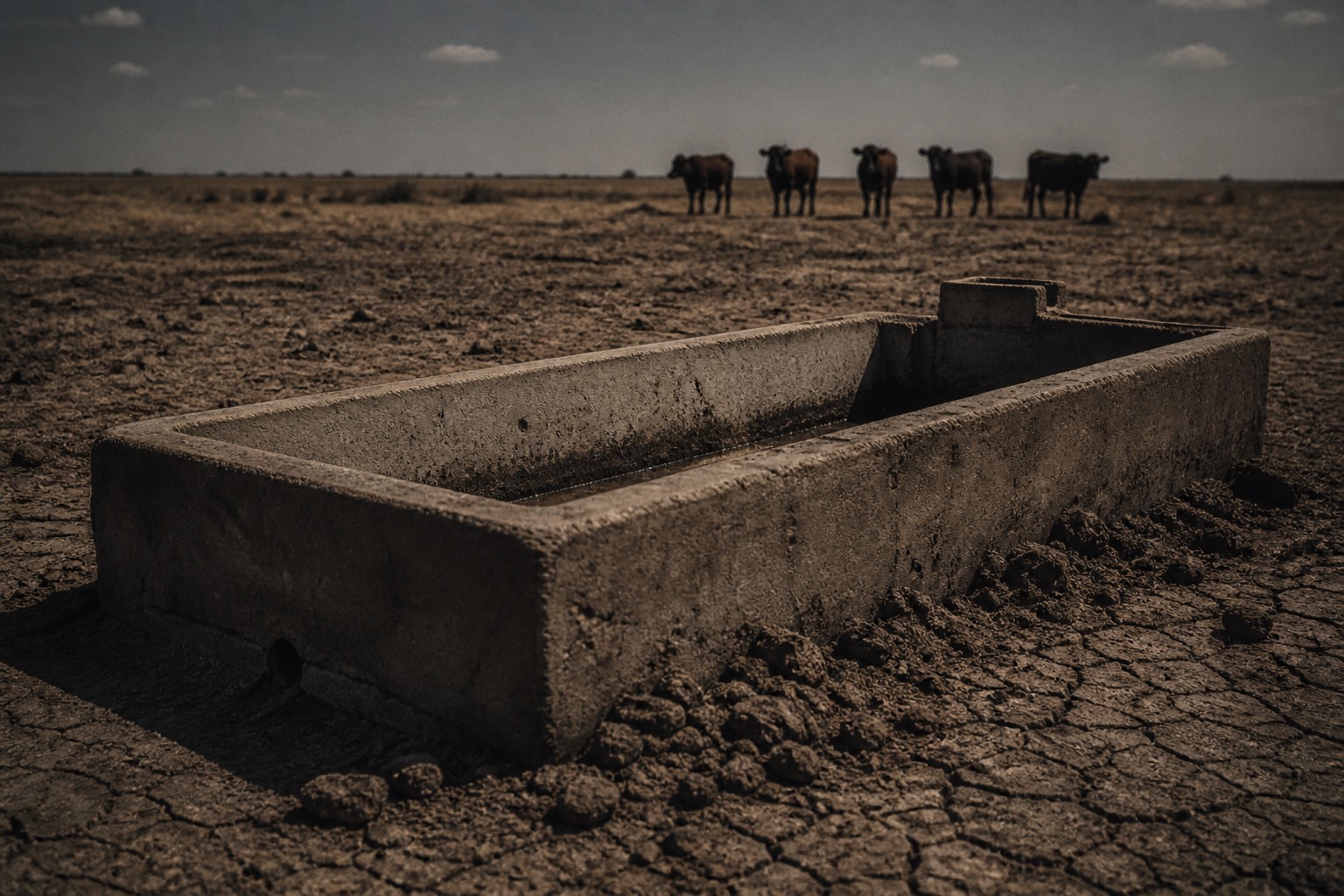 Bebedero de cemento seco sobre tierra agrietada, con vacas mirando a lo lejos