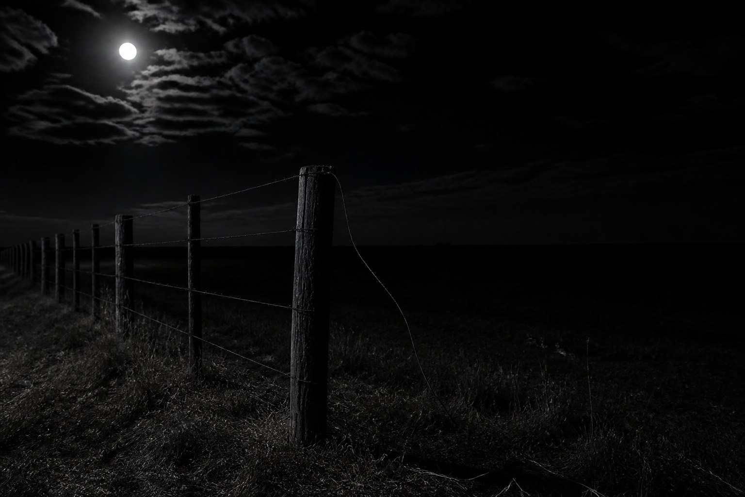 Alambrado de campo de noche bajo la luna, con un alambre cortado colgando